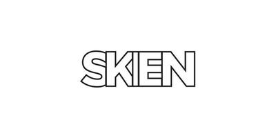 Skien in the Norway emblem. The design features a geometric style, vector illustration with bold typography in a modern font. The graphic slogan lettering.