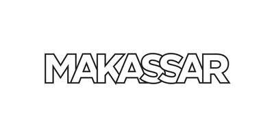 Makassar in the Indonesia emblem. The design features a geometric style, vector illustration with bold typography in a modern font. The graphic slogan lettering.