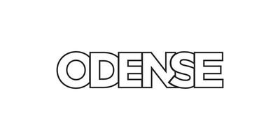 Odense in the Denmark emblem. The design features a geometric style, vector illustration with bold typography in a modern font. The graphic slogan lettering.