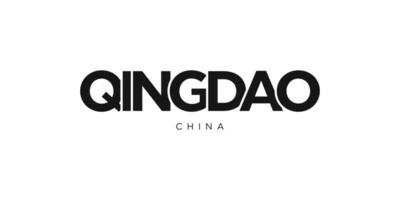 Qingdao in the China emblem. The design features a geometric style, vector illustration with bold typography in a modern font. The graphic slogan lettering.
