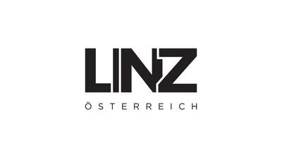 Linz in the Austria emblem. The design features a geometric style, vector illustration with bold typography in a modern font. The graphic slogan lettering.