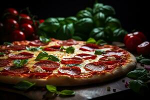 Pepperoni pizza with tomatoes and mozzarella cheese on wooden table. Generative AI. photo