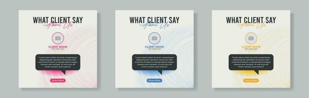 Modern client testimonials social media post design set. Customer service feedback review social media post template. vector