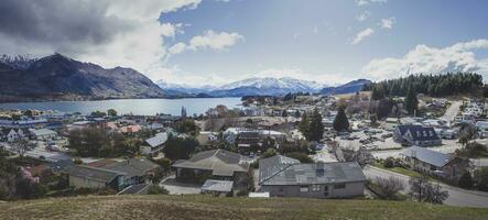 WANAKA NEW ZEALAND - SEP 5,2015  panorama view of wanaka town most popular traveling destination in southland of new zealand photo