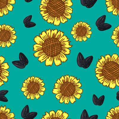 Hand drawn abstract seamless pattern of sunflowers flowers and seeds