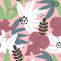 Seamless tropical pattern with leaves. Colorful vector, flat style. Jungle summer design for fabric, print, textile, wrapper. vector