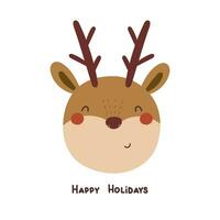 Happy holidays. Cartoon deer, hand drawing lettering vector