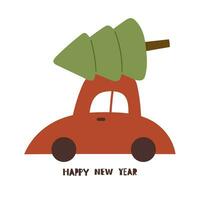 Happy new year. Cartoon car, Christmas tree, hand drawing lettering vector