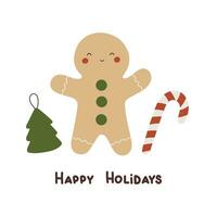 Happy holidays . Cartoon gingerbread man, christmas tree, hand drawing lettering vector