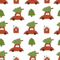 Seamless simple pattern with cartoon cars, christmas trees, decor elements. colorful vector. flat hand drawing. Baby design for fabric, print, gift wrapper. vector