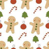 holiday seamless pattern with cartoon gingerbread man, decor elements. Merry Christmas. Colorful vector, flat style. hand drawing. design for fabric, print, wrapper vector