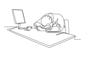 Single continuous line drawing of young sleepy startup CEO fall asleep on work desk while he was reading. Work overload fatigue at the office concept. One line draw graphic design vector illustration