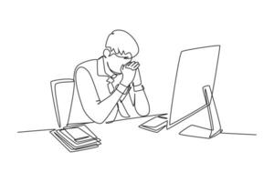 Single continuous line drawing young tired male employee holding head while working in office. Work fatigue because of work overload concept. Dynamic one line draw graphic design vector illustration