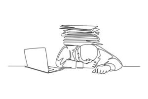 Single continuous line drawing young despair employee got crushed by pile of papers on his desk. Work overload pressure at the office concept. Dynamic one line draw graphic design vector illustration