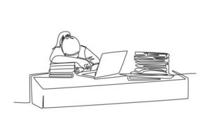 Single continuous line drawing of young tired female employee sleeping on the work desk with laptop and pile of papers. Work fatigue at office concept. One line draw graphic design vector illustration