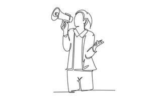 Single one line drawing young angry businesswoman shouting loudly using megaphone to train her speak. Public speaking practice concept. Modern continuous line draw design graphic vector illustration