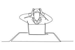 Single one line drawing young frustrated businessman got headache facing of laptop screen with project on his desk. Overtime work at the office. Continuous line draw design graphic vector illustration