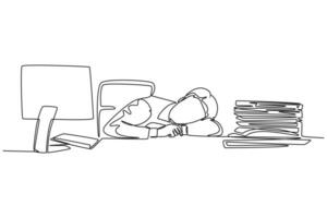 Single one line drawing of young sleepy startup CEO fall asleep on work desk while he was reading. Work overload fatigue at the office concept. Continuous line draw design graphic vector illustration