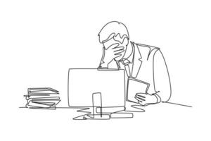 Continuous one line drawing of stressful finance manager facing pile of document papers on desk office with computer screen. Work overload project. Single line draw design vector graphic illustration