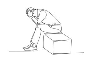 Single continuous line drawing depression young worker sitting on chair and holding his head because of confused. Work pressure at the office concept. One line draw graphic design vector illustration