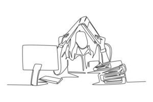 Single one line drawing of young depression female employee sitting in front of computer and stack of papers and covered her head with folder. Continuous line draw design graphic vector illustration