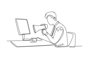 Single one line drawing young of furious male manager screaming loud on monitor computer using megaphone. Work discipline at the office concept. Continuous line draw design graphic vector illustration