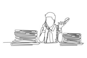 Single continuous line drawing young dizzy male customer service worker receiving many call in front of stack of papers. Customer care service concept. One line draw graphic design vector illustration