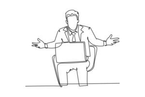 Single continuous line drawing of young confused businessman sitting on the chair and watching bad sales performance data on his laptop. Business risk. One line draw graphic design vector illustration