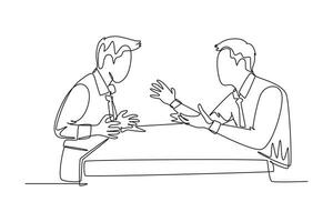 Single continuous line drawing of young angry businessman screaming to his shouting business partner then they blaming each others. Business problem. One line draw graphic design vector illustration