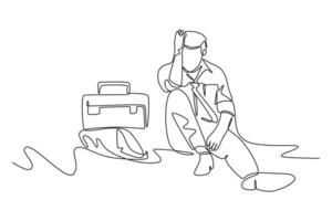 Single one line drawing of depressed businessman with briefcase sitting in despair on floor. Entrepreneur sad expression. Professional burnout syndrome. Continuous line draw design vector illustration