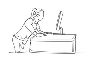 soltero uno línea dibujo de joven frustrado mujer de negocios Gritando a computadora monitor mientras ella en pie en espacio de trabajo negocio problema concepto. continuo línea dibujar diseño gráfico vector ilustración