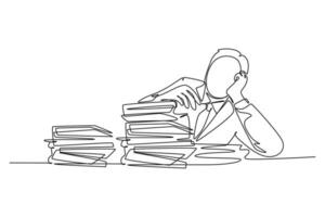 Continuous one line drawing stressful finance manager facing pile of document papers on his desk office. Work overload project on deadline concept. Single line draw design vector graphic illustration