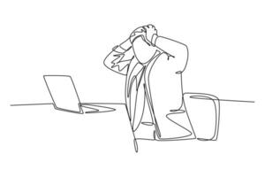 Single one line drawing of frustrated businessman sitting on office chair. Stressful worker holding head while see stock price on laptop screen. Continuous line draw design graphic vector illustration