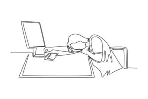 Single continuous line drawing of young tired female employee sleeping on the work desk with computer. Work fatigue or overload at the office. Dynamic one line draw graphic design vector illustration