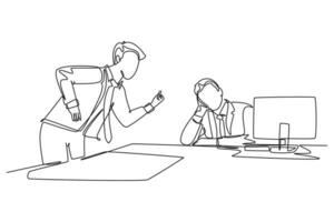 Single one line drawing young furious manager blaming his lazy staff about bad work performance and attitude. Work discipline at office concept. Continuous line draw design graphic vector illustration