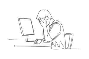 Single one line drawing young tired company worker covering his face with hand after read financial annual report. Work fatigue at the office. Continuous line draw design graphic vector illustration