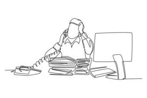 Single continuous line drawing of young bored male worker receiving phone call from customer behind stack of paper. Daily overload job at the office. One line draw graphic design vector illustration