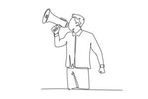 Single one line drawing young eagerness businessman shouting loudly using megaphone to train his speak. Public speaking practice concept. Modern continuous line draw design graphic vector illustration