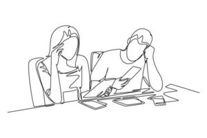 Single continuous line drawing stressful couple worker facing pile of document papers on desk office. Work deadline overload project concept. Dynamic one line draw graphic design vector illustration