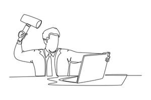 Continuous one line drawing young madness businessman ready to smack his laptop using big hammer at the office. Business risk and overload concept. Single line draw design vector graphic illustration