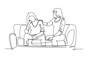 Single continuous line drawing of young female worker hug and cheering her sad and despair office friend on sofa. Work partner support concept. Dynamic one line draw graphic design vector illustration