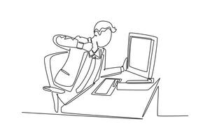 Continuous one line drawing young frustrated male employee ready to punch monitor computer using his fist hand. Work pressure at the office concept. Single line draw design vector graphic illustration