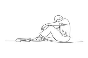 Continuous one line drawing side view of depression young worker sitting on floor and holding his head because of confused. Work pressure at office. Single line draw design vector graphic illustration