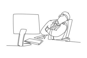 Single one line drawing of young sleepy businessman fall asleep on office chair with computer turn on at work desk. Work fatigue concept. Modern continuous line draw design graphic vector illustration