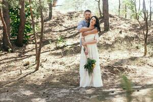 Wedding walk in the pine forest. Sunny day. photo