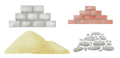 Brick and Sand Set. Watercolor illustration of building material. Hand drawn clip art on isolated background. Sketch of crushed stone for construction. Brickwork and cinder block drawing vector