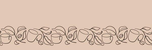 Coffee abstract border. Continuous line drawing of coffee cup, coffee bean, branch and leaves. Seamless vector pattern