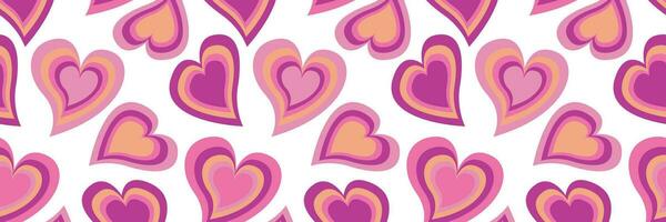 Groovy Hearts Seamless Pattern. Psychedelic Distorted Background in 1970s 1980s. Hippie Retro Print for Textile, Wrapping Paper, Web Design and Social Media. Pink and Purple Colors vector