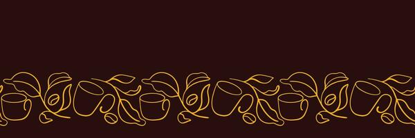 Coffee abstract border. Continuous line drawing of coffee cup, coffee bean, branch and leaves. Seamless vector pattern