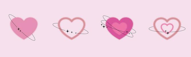 Set of blurred pink gradient hearts with  linear shape and sparkle, trendy y2k style design template. Modern minimalistic style. Social media or logo elements vector